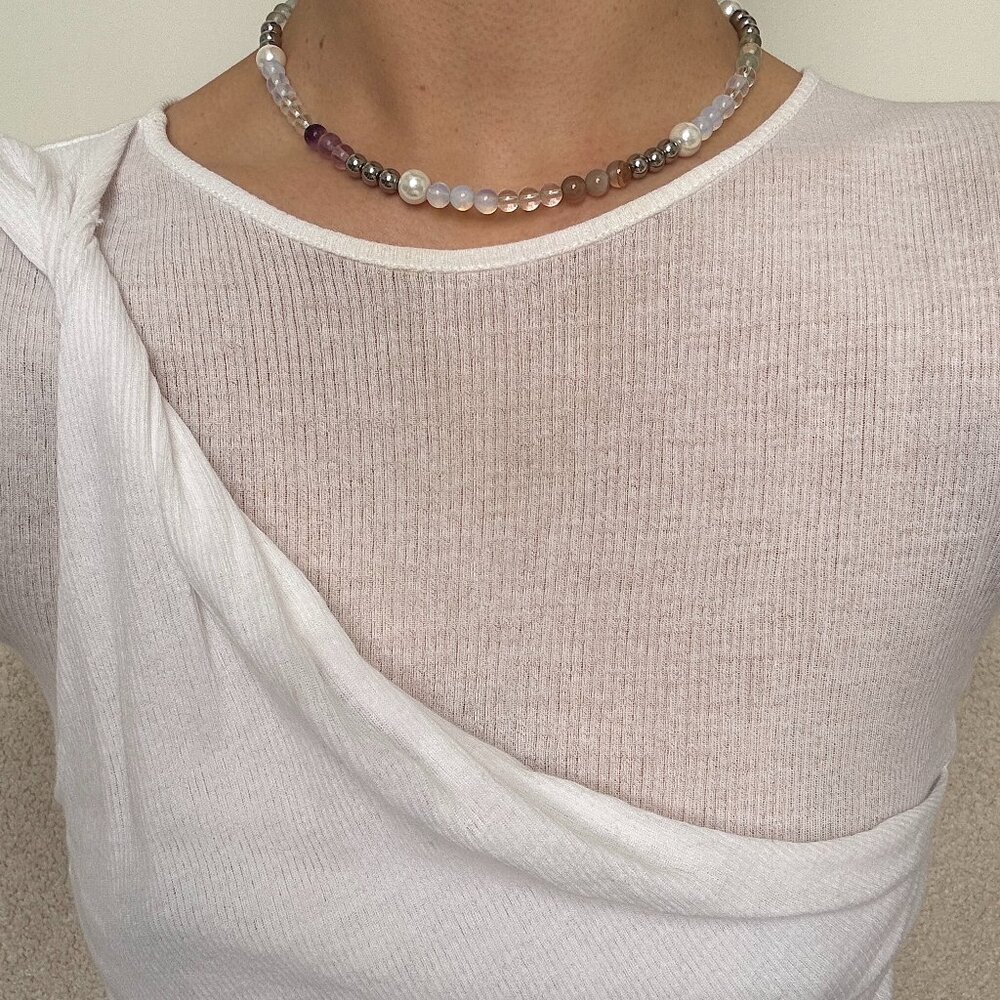 Handmade Pearl Natural Stone Rainbow Beaded Necklace Choker